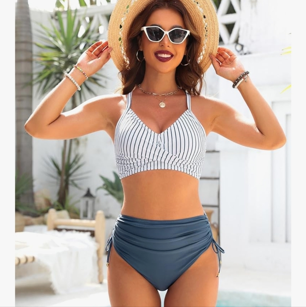 Nautical Striped Bikini Set with Navy High-Waisted Bottoms